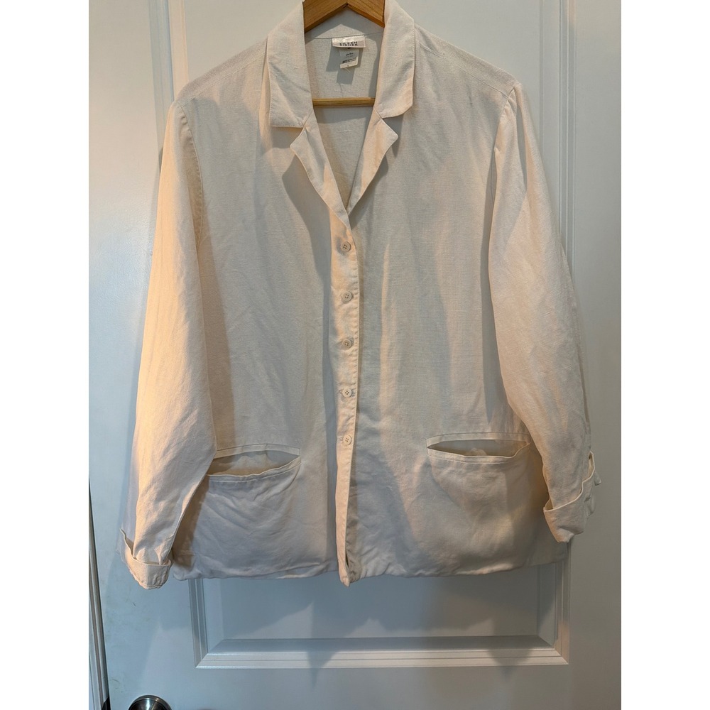 Eileen Fisher Women Large Linen Button Up Shirt Off White Long Sleeve Pocket Top